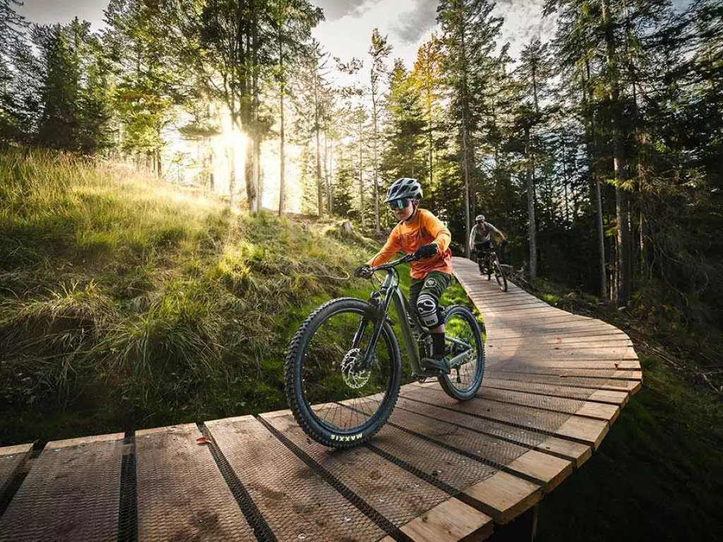 Kind auf Downhillstrecke im Wald